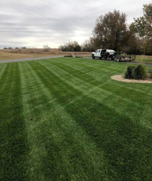 The High Caliber Landscape truck sits in the distance beyond a green lawn.