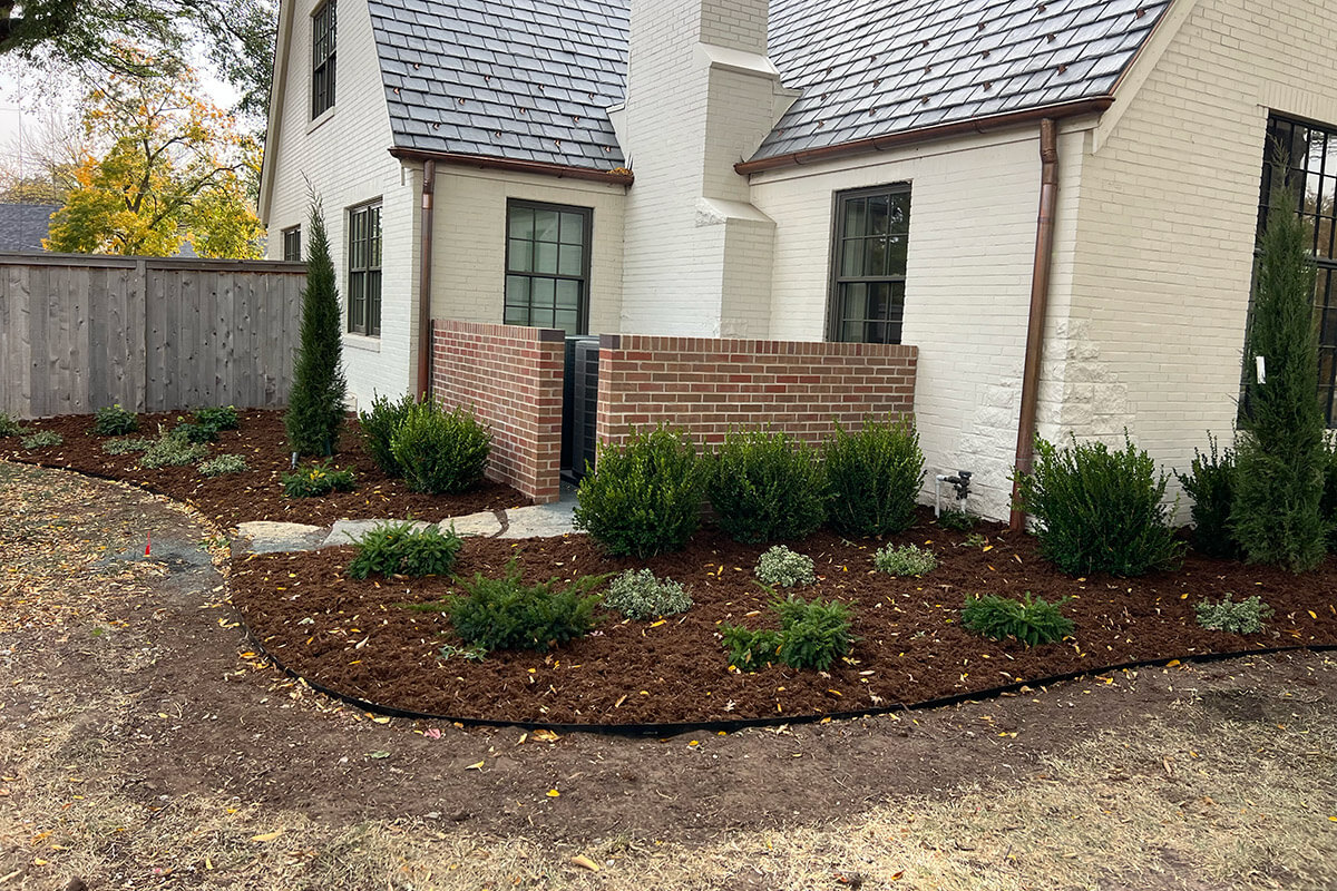 Landscaping bed with plants with brown mulch.